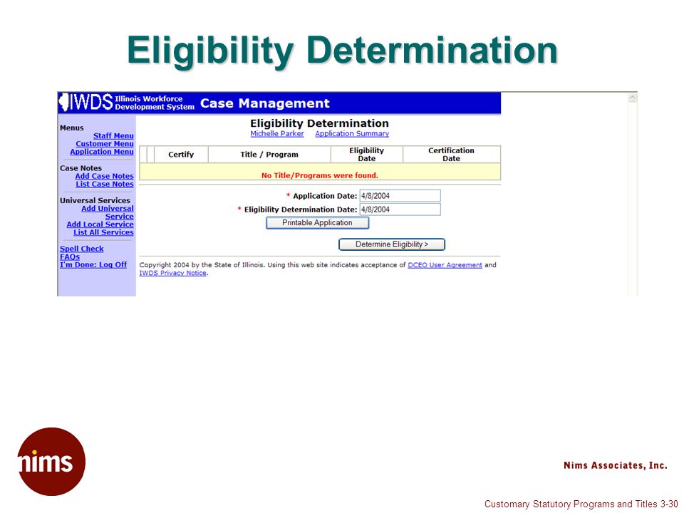 Customary Statutory Programs and Titles 3-30 Eligibility Determination