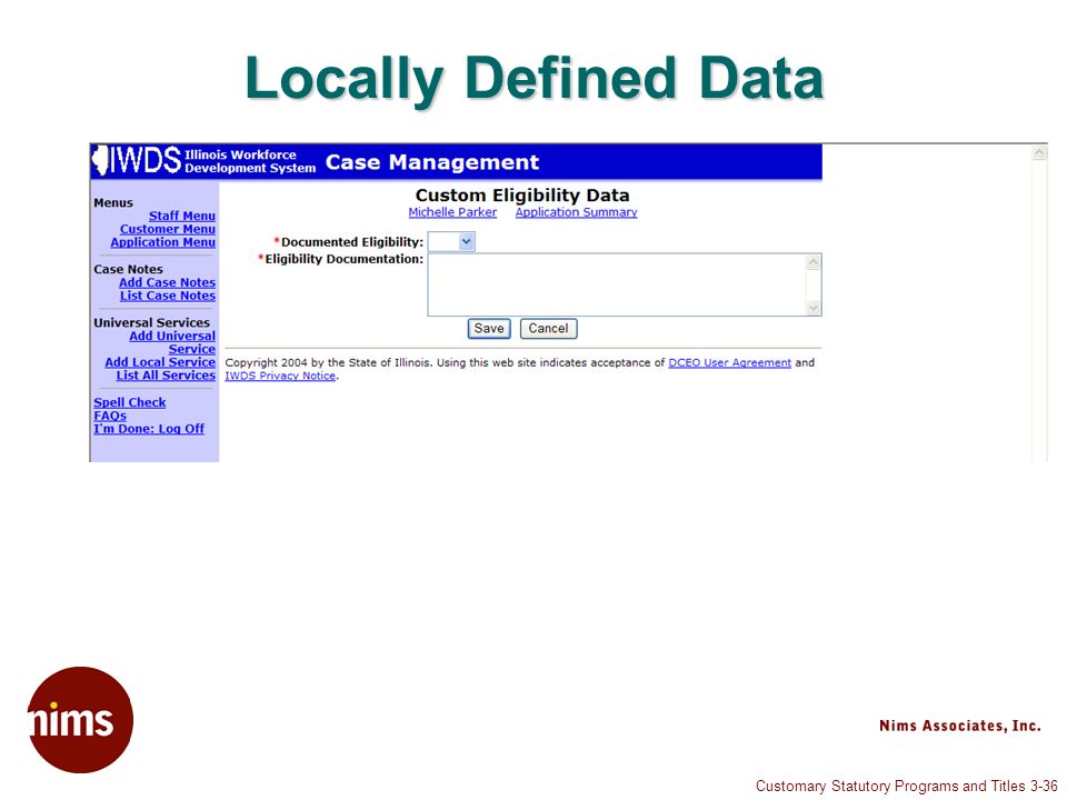Customary Statutory Programs and Titles 3-36 Locally Defined Data