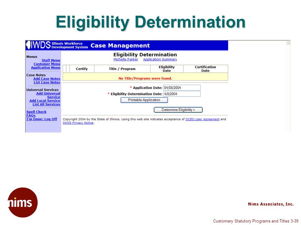 Customary Statutory Programs and Titles 3-39 Eligibility Determination