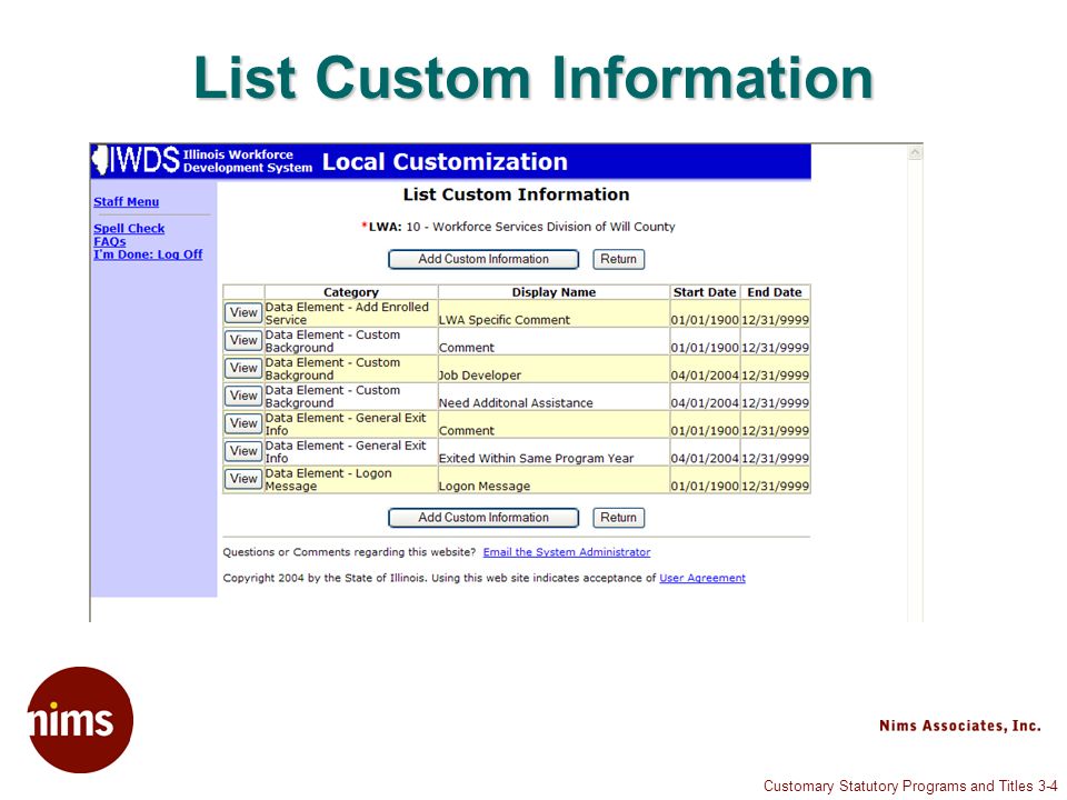 Customary Statutory Programs and Titles 3-4 List Custom Information