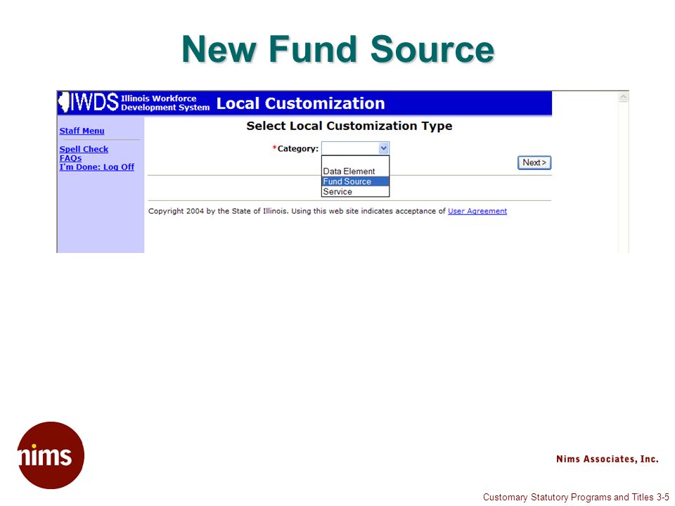 Customary Statutory Programs and Titles 3-5 New Fund Source
