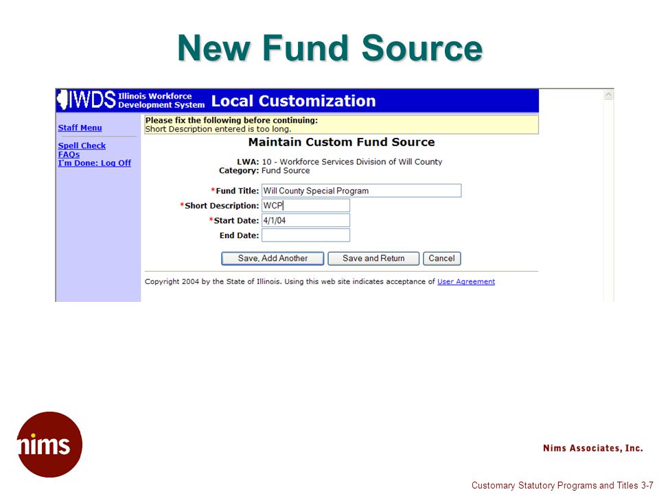 Customary Statutory Programs and Titles 3-7 New Fund Source