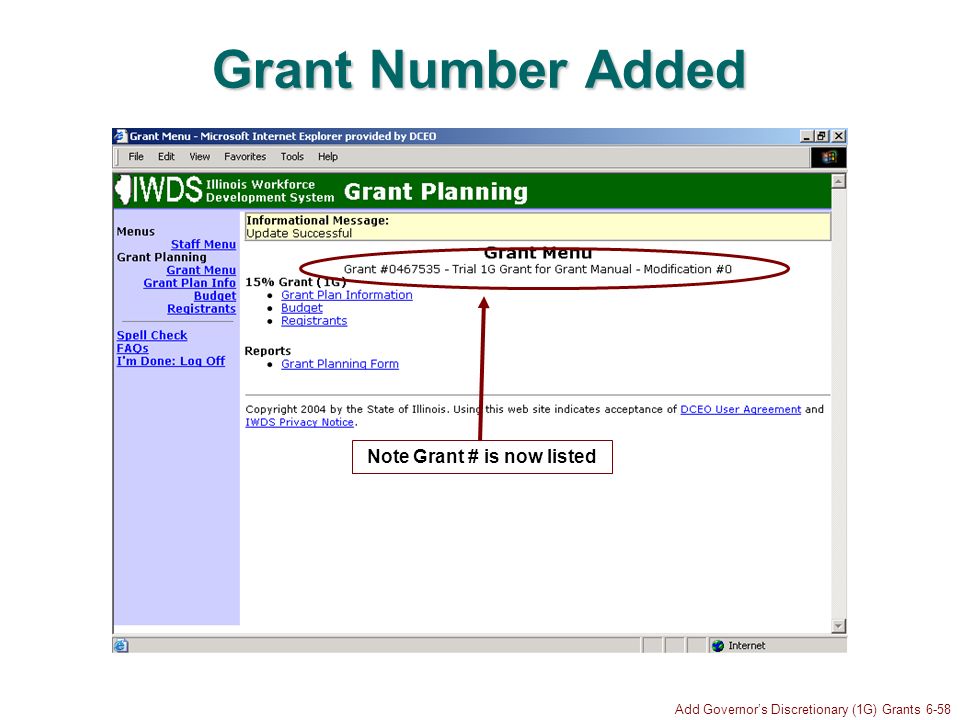 Add Governors Discretionary (1G) Grants 6-58 Grant Number Added Note Grant # is now listed