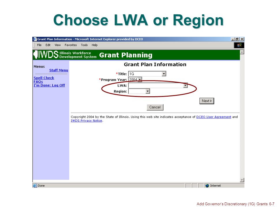 Add Governors Discretionary (1G) Grants 6-7 Choose LWA or Region