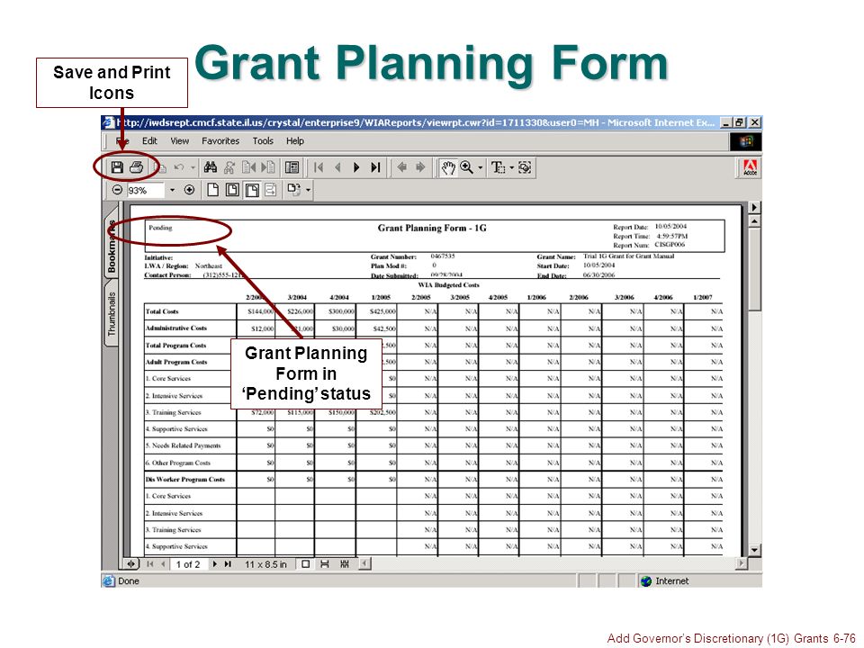 Add Governors Discretionary (1G) Grants 6-76 Grant Planning Form Save and Print Icons Grant Planning Form in Pending status