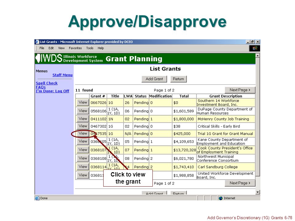 Add Governors Discretionary (1G) Grants 6-78 Approve/Disapprove Click to view the grant