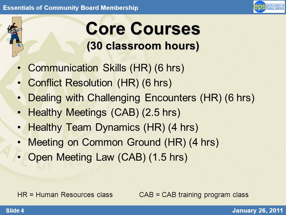 Slide 4 January 26, 2011 Essentials of Community Board Membership Core Courses (30 classroom hours) Communication Skills (HR) (6 hrs) Conflict Resolution (HR) (6 hrs) Dealing with Challenging Encounters (HR) (6 hrs) Healthy Meetings (CAB) (2.5 hrs) Healthy Team Dynamics (HR) (4 hrs) Meeting on Common Ground (HR) (4 hrs) Open Meeting Law (CAB) (1.5 hrs) HR = Human Resources class CAB = CAB training program class