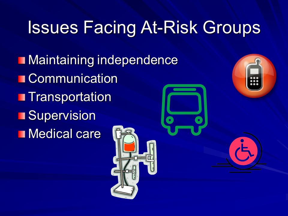 Issues Facing At-Risk Groups Maintaining independence CommunicationTransportationSupervision Medical care