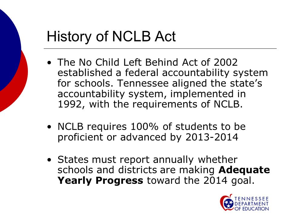 History of NCLB Act The No Child Left Behind Act of 2002 established a federal accountability system for schools.