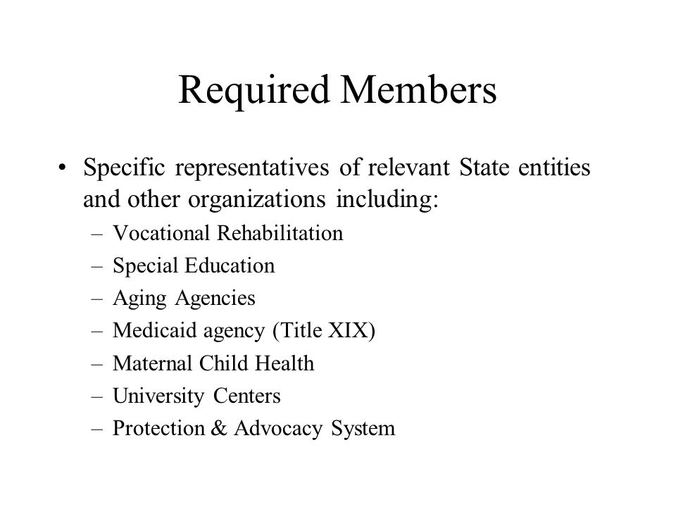 Required Members Specific representatives of relevant State entities and other organizations including: –Vocational Rehabilitation –Special Education –Aging Agencies –Medicaid agency (Title XIX) –Maternal Child Health –University Centers –Protection & Advocacy System