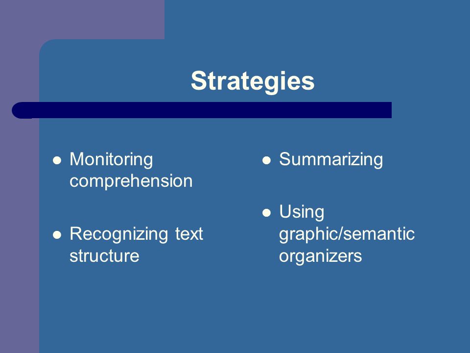 Strategies Monitoring comprehension Recognizing text structure Summarizing Using graphic/semantic organizers