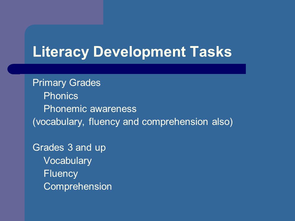 Literacy Development Tasks Primary Grades Phonics Phonemic awareness (vocabulary, fluency and comprehension also) Grades 3 and up Vocabulary Fluency Comprehension