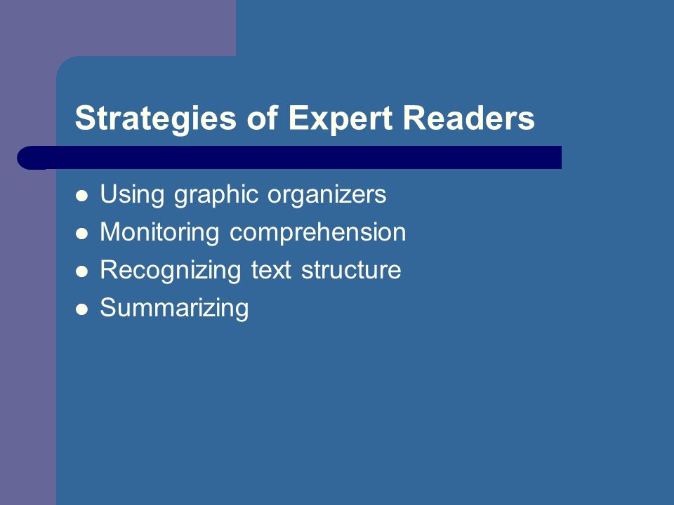 Strategies of Expert Readers Using graphic organizers Monitoring comprehension Recognizing text structure Summarizing