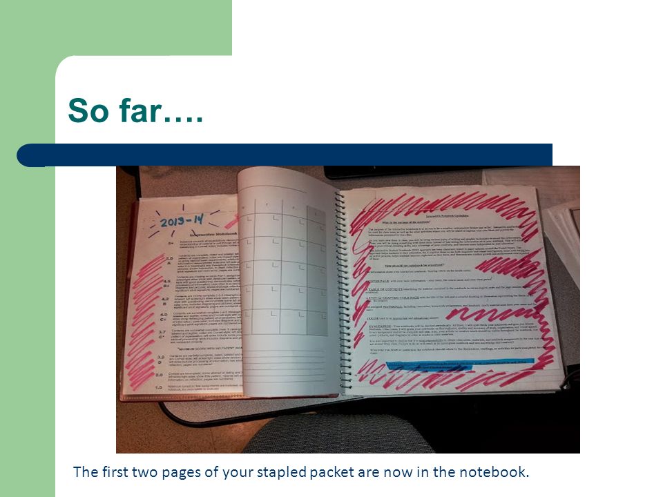 So far…. The first two pages of your stapled packet are now in the notebook.