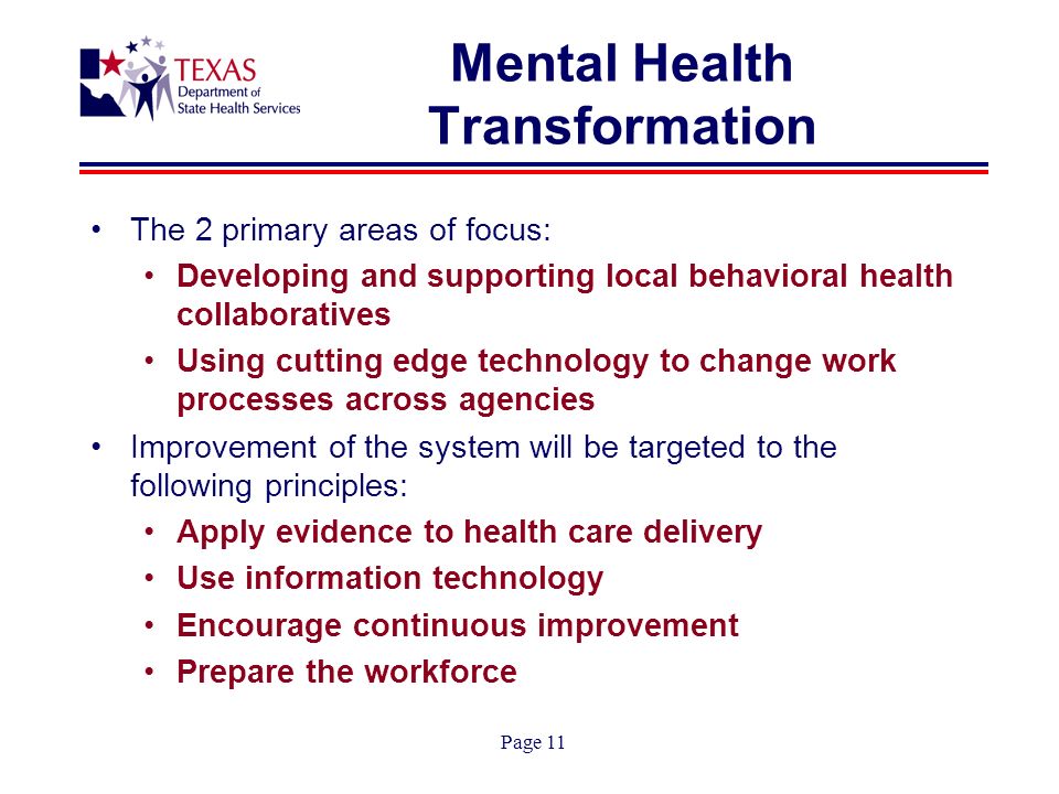 Page 11 Mental Health Transformation The 2 primary areas of focus: Developing and supporting local behavioral health collaboratives Using cutting edge technology to change work processes across agencies Improvement of the system will be targeted to the following principles: Apply evidence to health care delivery Use information technology Encourage continuous improvement Prepare the workforce