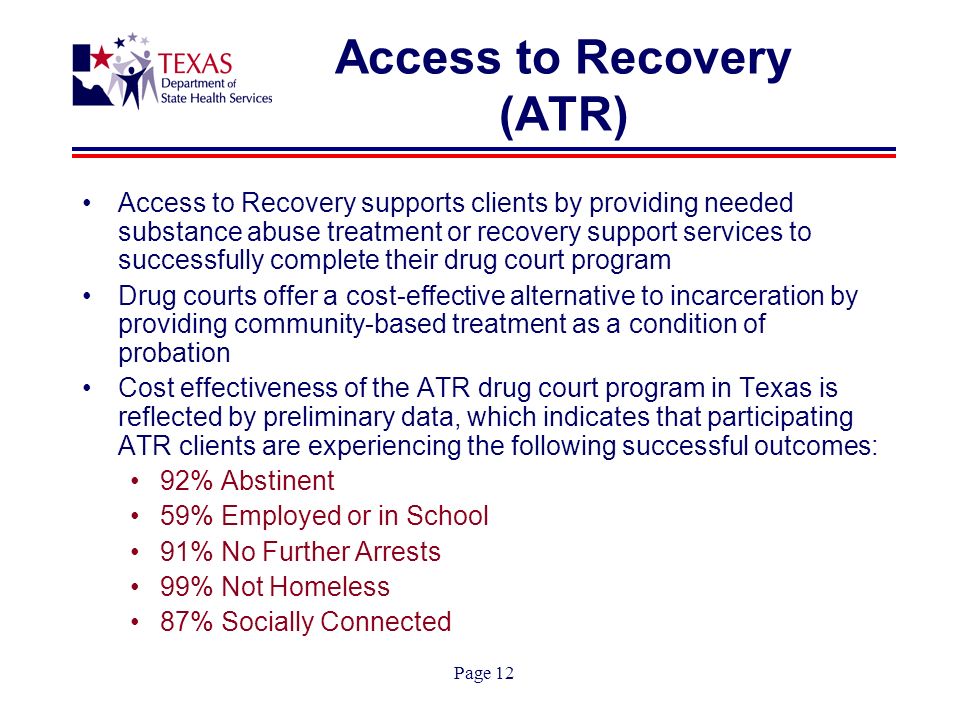 Page 12 Access to Recovery (ATR) Access to Recovery supports clients by providing needed substance abuse treatment or recovery support services to successfully complete their drug court program Drug courts offer a cost-effective alternative to incarceration by providing community-based treatment as a condition of probation Cost effectiveness of the ATR drug court program in Texas is reflected by preliminary data, which indicates that participating ATR clients are experiencing the following successful outcomes: 92% Abstinent 59% Employed or in School 91% No Further Arrests 99% Not Homeless 87% Socially Connected