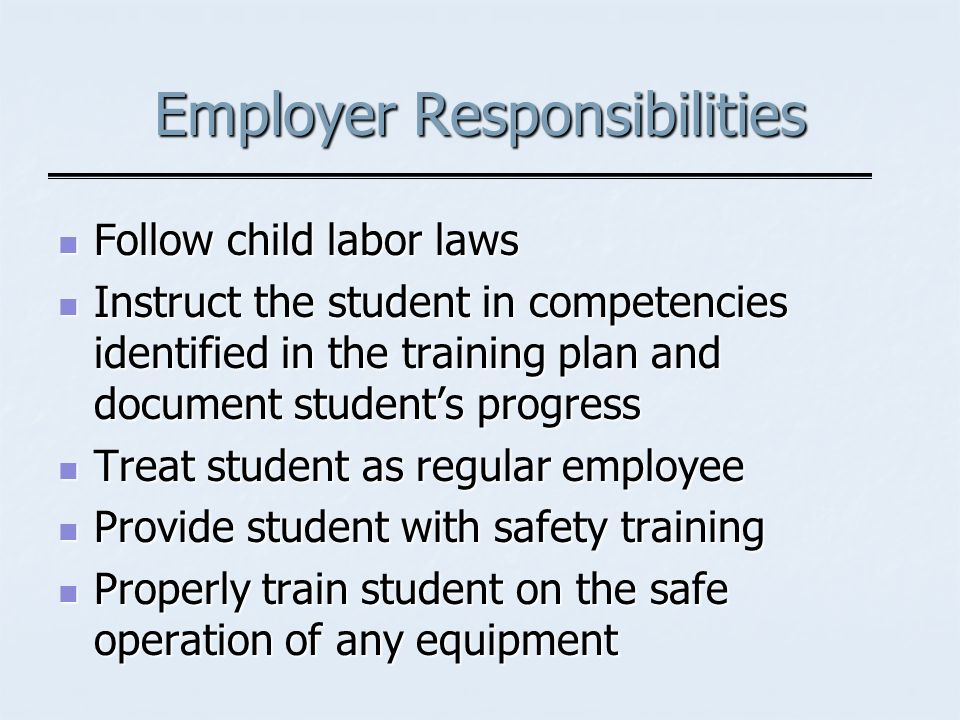 Employer Responsibilities Follow child labor laws Follow child labor laws Instruct the student in competencies identified in the training plan and document students progress Instruct the student in competencies identified in the training plan and document students progress Treat student as regular employee Treat student as regular employee Provide student with safety training Provide student with safety training Properly train student on the safe operation of any equipment Properly train student on the safe operation of any equipment
