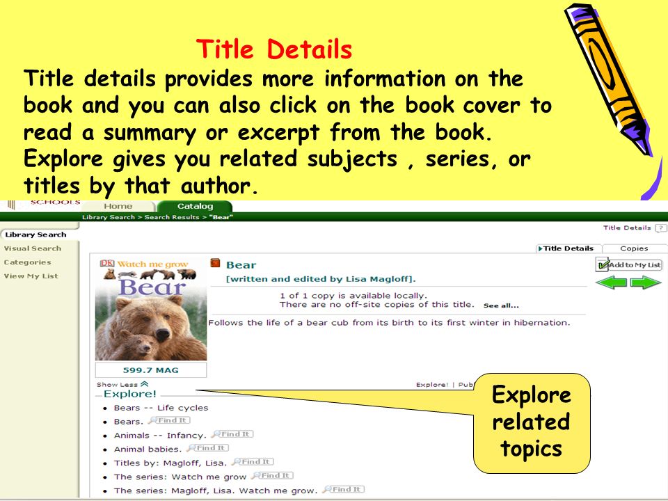 Title Details Title details provides more information on the book and you can also click on the book cover to read a summary or excerpt from the book.