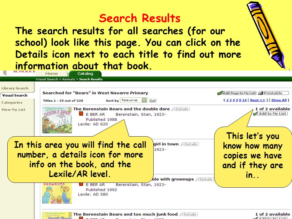 Search Results The search results for all searches (for our school) look like this page.