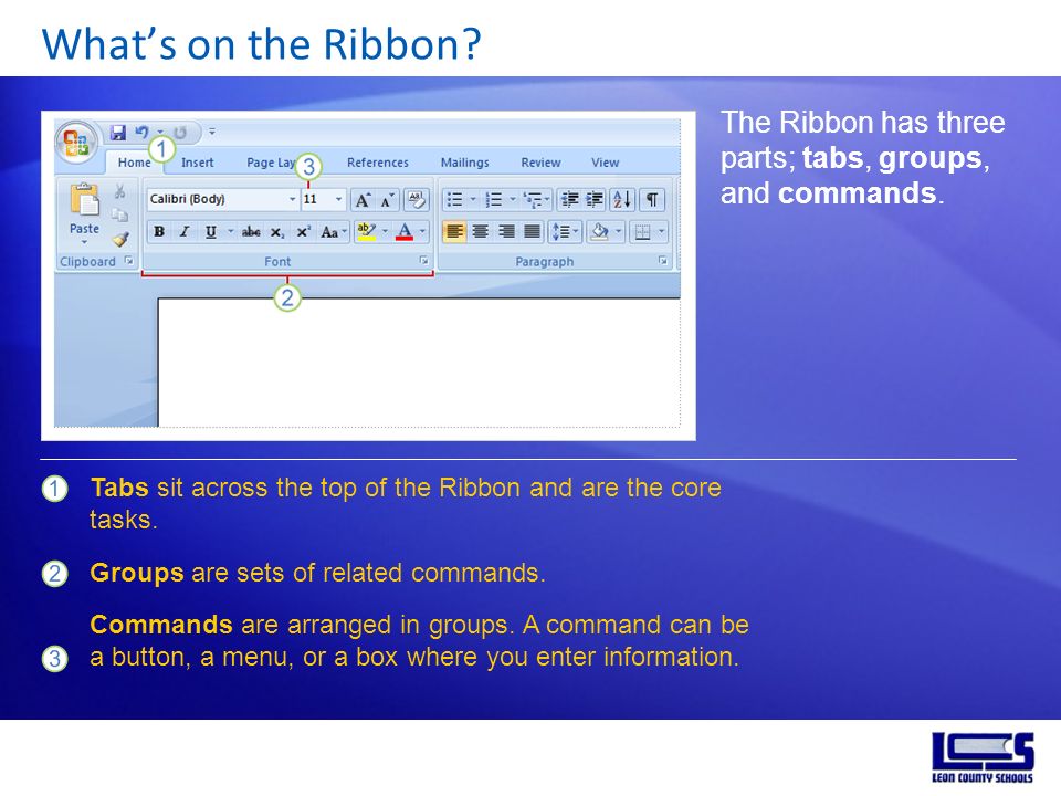 Whats on the Ribbon. The Ribbon has three parts; tabs, groups, and commands.