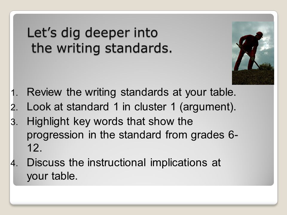 Lets dig deeper into the writing standards. 1. Review the writing standards at your table.