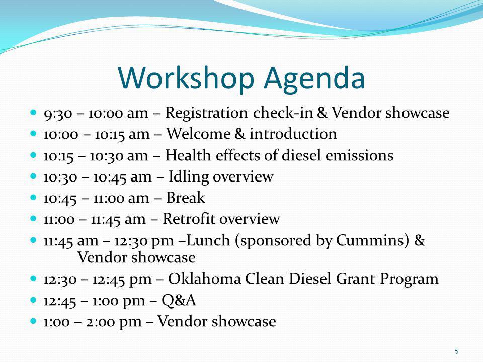 Workshop Agenda 9:30 – 10:00 am – Registration check-in & Vendor showcase 10:00 – 10:15 am – Welcome & introduction 10:15 – 10:30 am – Health effects of diesel emissions 10:30 – 10:45 am – Idling overview 10:45 – 11:00 am – Break 11:00 – 11:45 am – Retrofit overview 11:45 am – 12:30 pm –Lunch (sponsored by Cummins) & Vendor showcase 12:30 – 12:45 pm – Oklahoma Clean Diesel Grant Program 12:45 – 1:00 pm – Q&A 1:00 – 2:00 pm – Vendor showcase 5