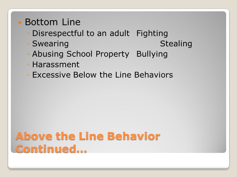 Above the Line Behavior Continued… Bottom Line Disrespectful to an adultFighting SwearingStealing Abusing School PropertyBullying Harassment Excessive Below the Line Behaviors