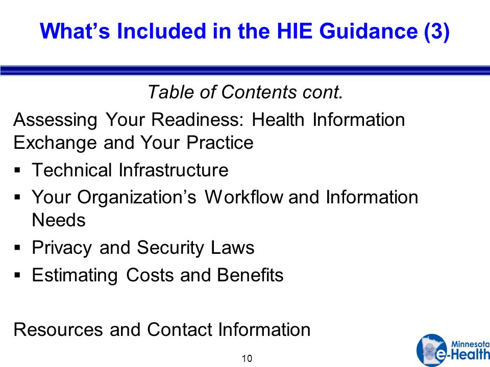 10 Whats Included in the HIE Guidance (3) Table of Contents cont.