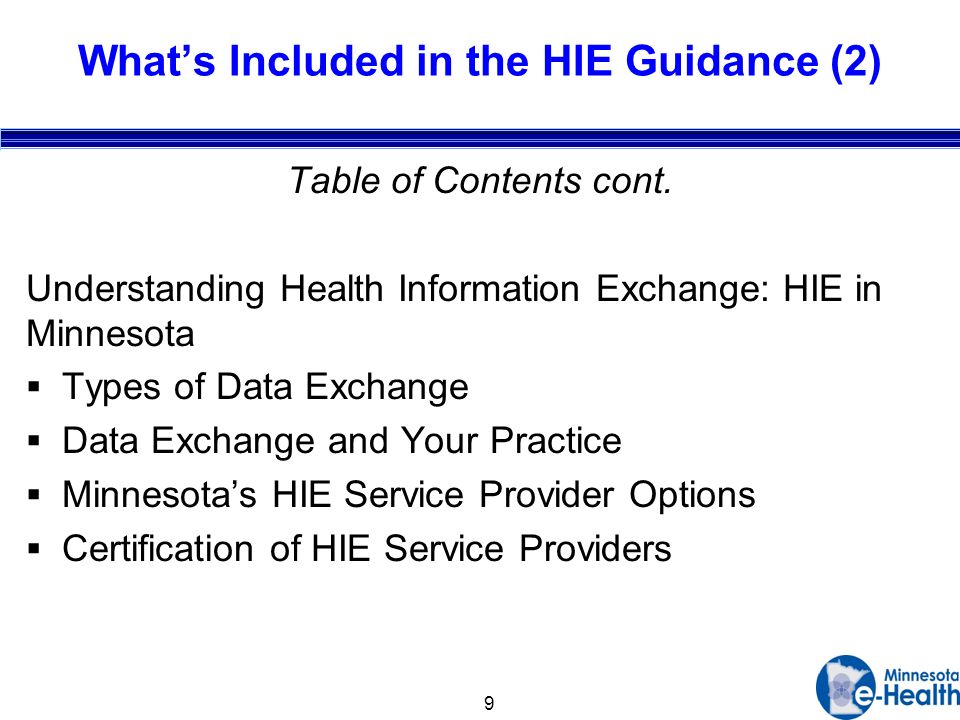 9 Whats Included in the HIE Guidance (2) Table of Contents cont.