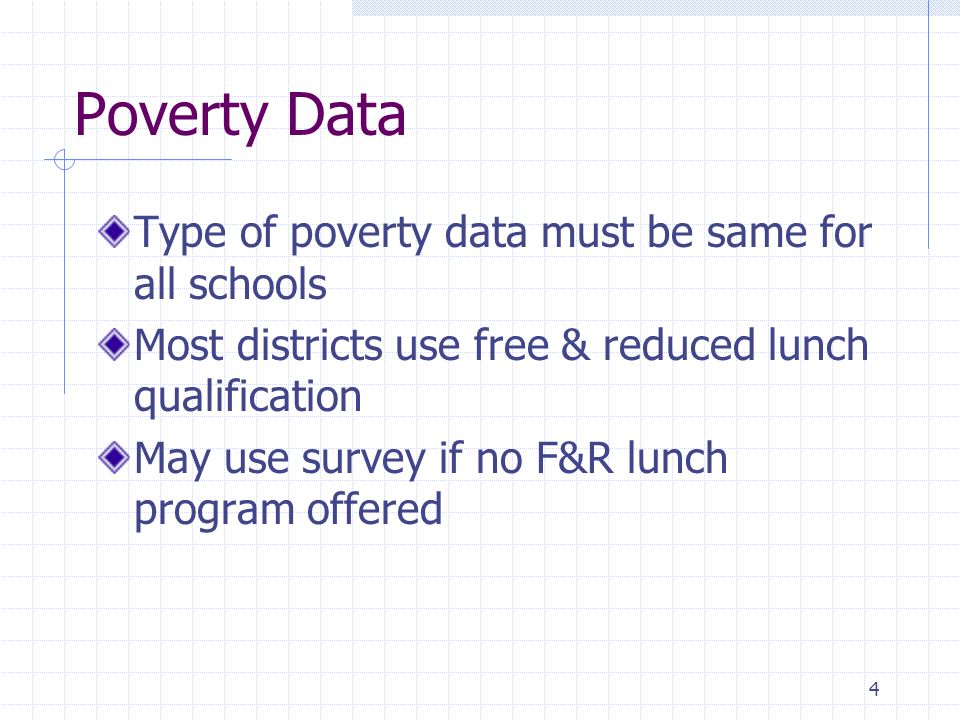 4 Poverty Data Type of poverty data must be same for all schools Most districts use free & reduced lunch qualification May use survey if no F&R lunch program offered
