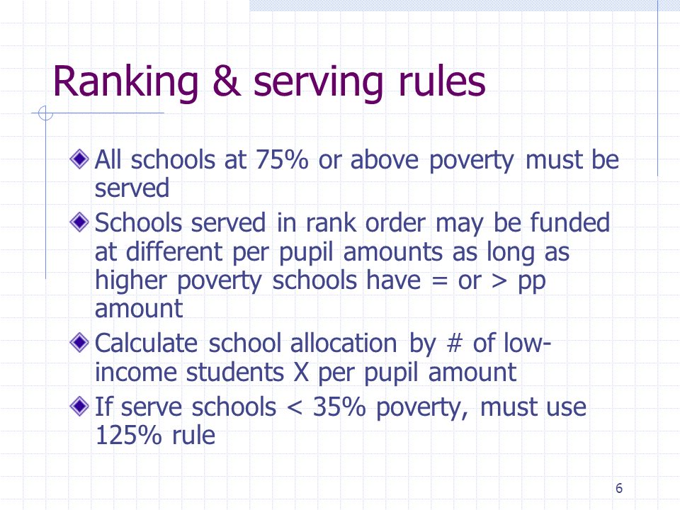 6 Ranking & serving rules All schools at 75% or above poverty must be served Schools served in rank order may be funded at different per pupil amounts as long as higher poverty schools have = or > pp amount Calculate school allocation by # of low- income students X per pupil amount If serve schools < 35% poverty, must use 125% rule