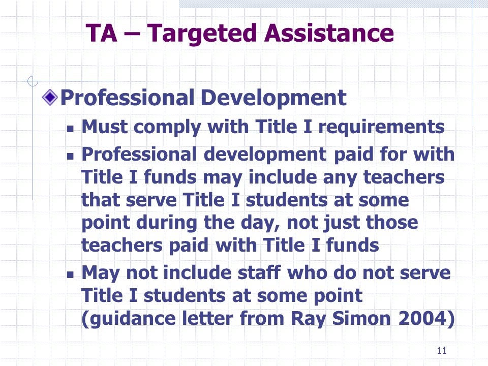 11 TA – Targeted Assistance Professional Development Must comply with Title I requirements Professional development paid for with Title I funds may include any teachers that serve Title I students at some point during the day, not just those teachers paid with Title I funds May not include staff who do not serve Title I students at some point (guidance letter from Ray Simon 2004)