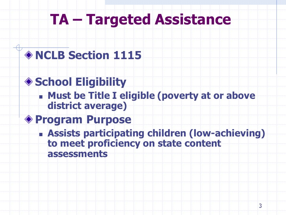 3 TA – Targeted Assistance NCLB Section 1115 School Eligibility Must be Title I eligible (poverty at or above district average) Program Purpose Assists participating children (low-achieving) to meet proficiency on state content assessments