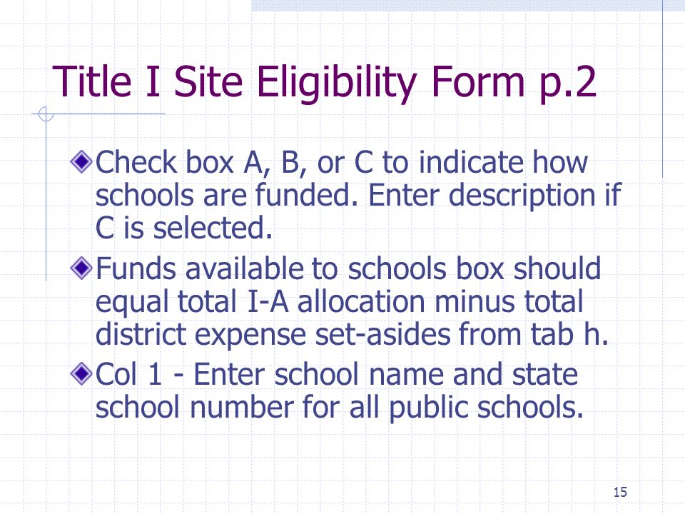 15 Title I Site Eligibility Form p.2 Check box A, B, or C to indicate how schools are funded.