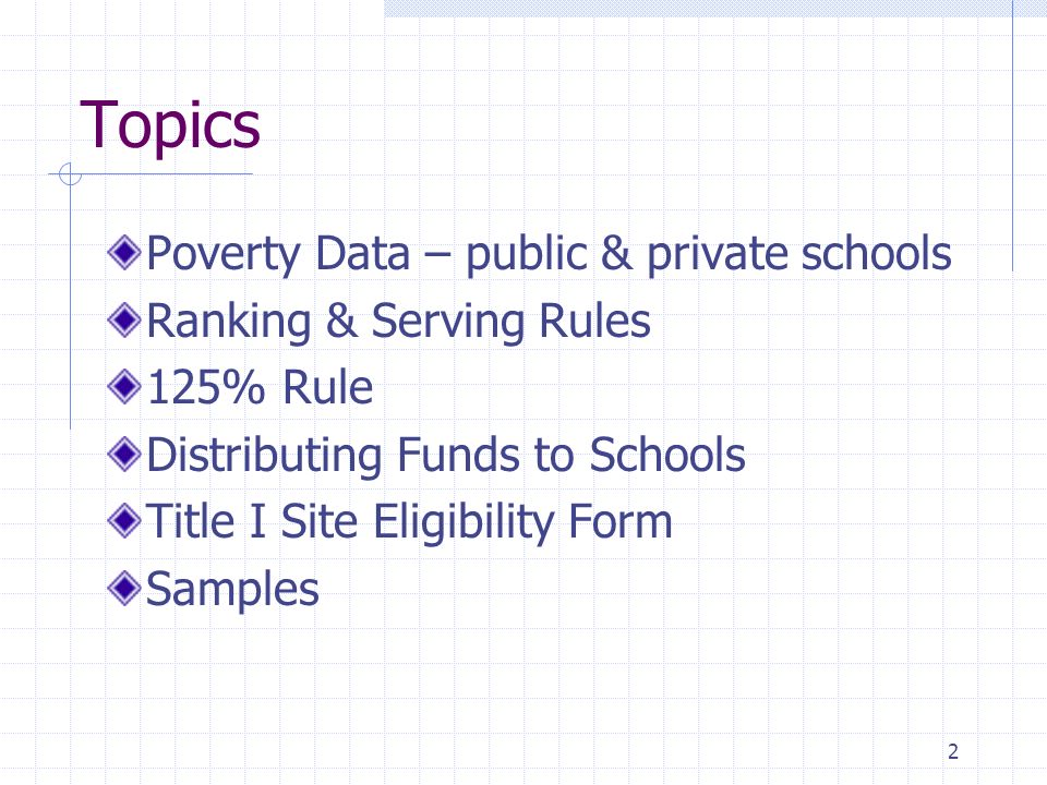 2 Topics Poverty Data – public & private schools Ranking & Serving Rules 125% Rule Distributing Funds to Schools Title I Site Eligibility Form Samples