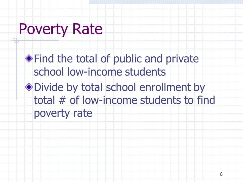 6 Poverty Rate Find the total of public and private school low-income students Divide by total school enrollment by total # of low-income students to find poverty rate