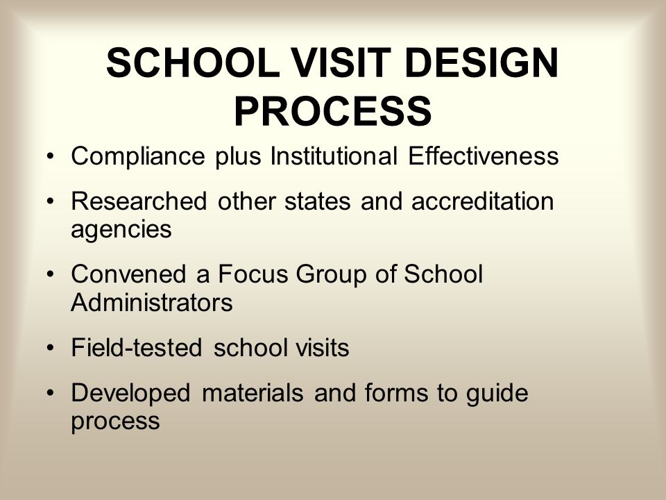 SCHOOL VISIT DESIGN PROCESS Compliance plus Institutional Effectiveness Researched other states and accreditation agencies Convened a Focus Group of School Administrators Field-tested school visits Developed materials and forms to guide process