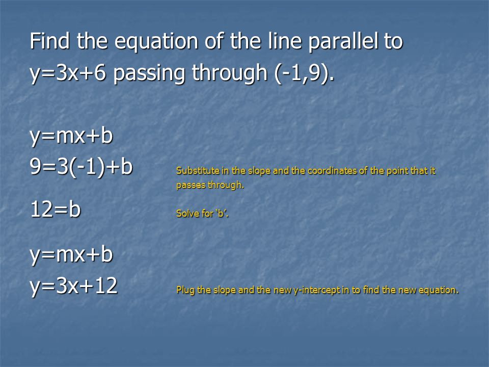 Find the equation of the line parallel to y=3x+6 passing through (-1,9).