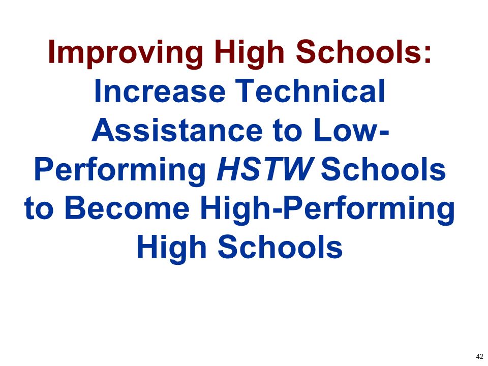 42 Improving High Schools: Increase Technical Assistance to Low- Performing HSTW Schools to Become High-Performing High Schools