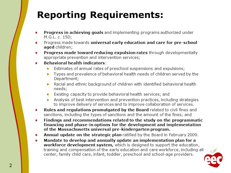 Reporting Requirements: Progress in achieving goals and implementing programs authorized under M.G.L.