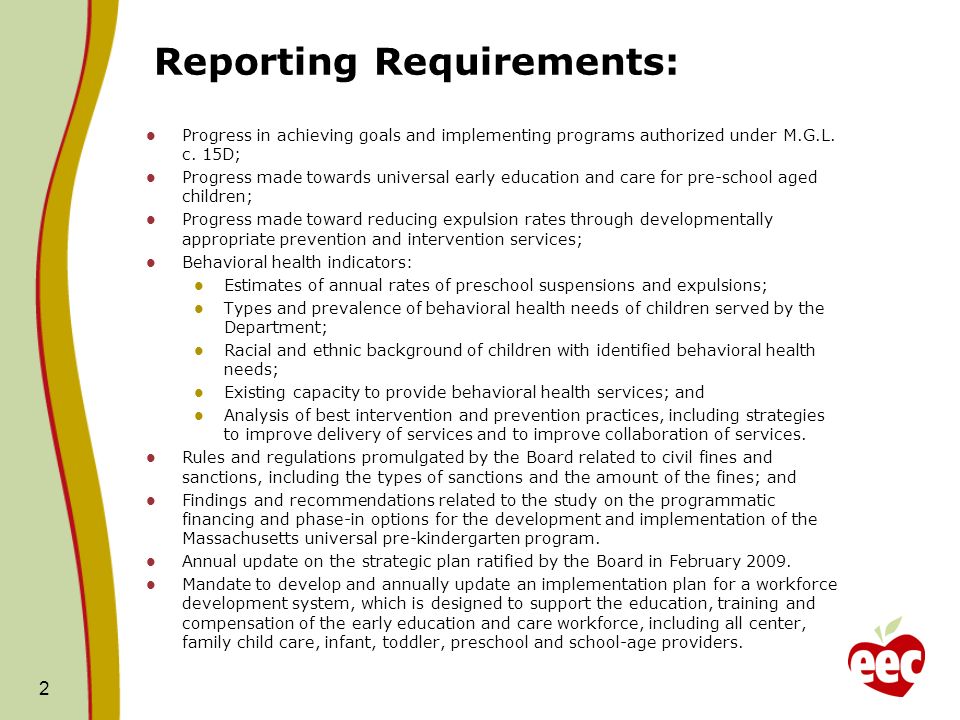 Reporting Requirements: Progress in achieving goals and implementing programs authorized under M.G.L.