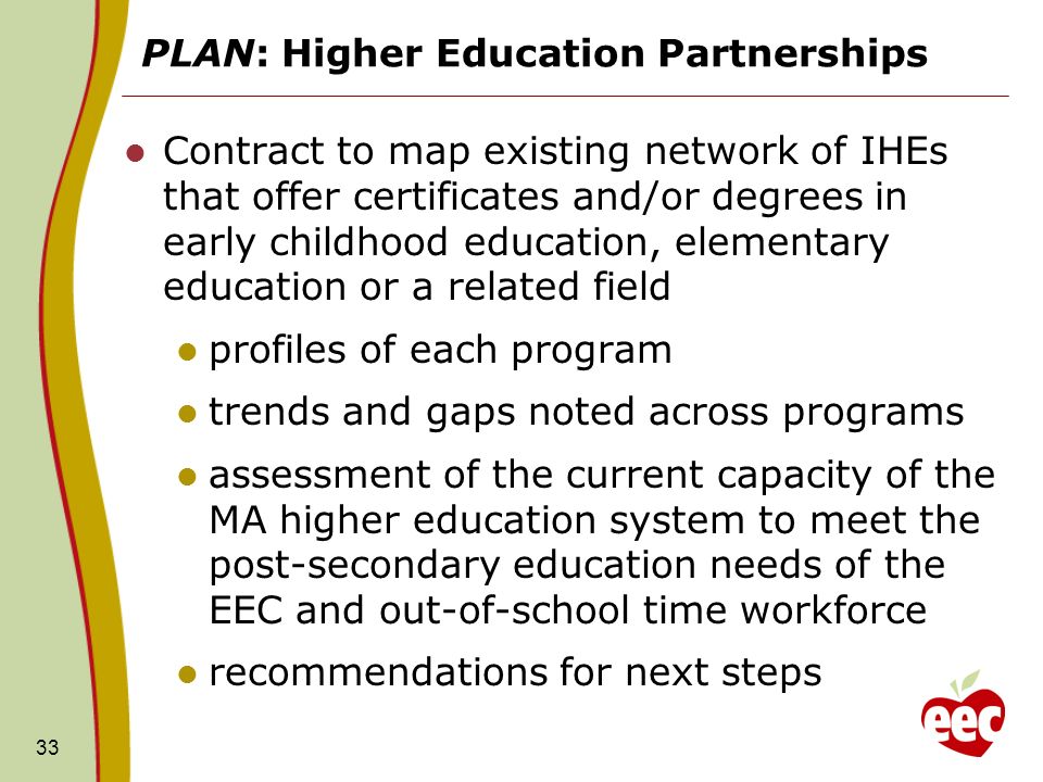 PLAN: Higher Education Partnerships Contract to map existing network of IHEs that offer certificates and/or degrees in early childhood education, elementary education or a related field profiles of each program trends and gaps noted across programs assessment of the current capacity of the MA higher education system to meet the post-secondary education needs of the EEC and out-of-school time workforce recommendations for next steps 33