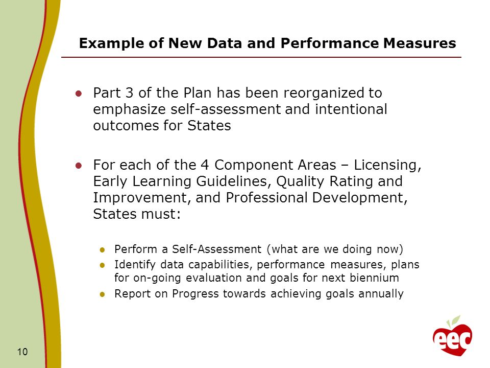 Example of New Data and Performance Measures Part 3 of the Plan has been reorganized to emphasize self-assessment and intentional outcomes for States For each of the 4 Component Areas – Licensing, Early Learning Guidelines, Quality Rating and Improvement, and Professional Development, States must: Perform a Self-Assessment (what are we doing now) Identify data capabilities, performance measures, plans for on-going evaluation and goals for next biennium Report on Progress towards achieving goals annually 10