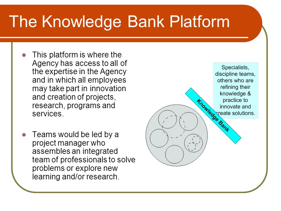 The Knowledge Bank Platform This platform is where the Agency has access to all of the expertise in the Agency and in which all employees may take part in innovation and creation of projects, research, programs and services.