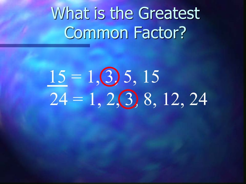 What is the Greatest Common Factor 15 = 1, 3, 5, = 1, 2, 3, 8, 12, 24