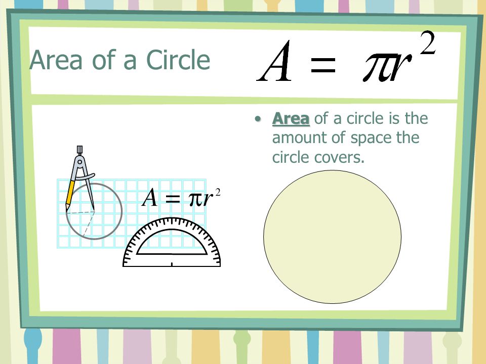 Area of a Circle AreaArea of a circle is the amount of space the circle covers.