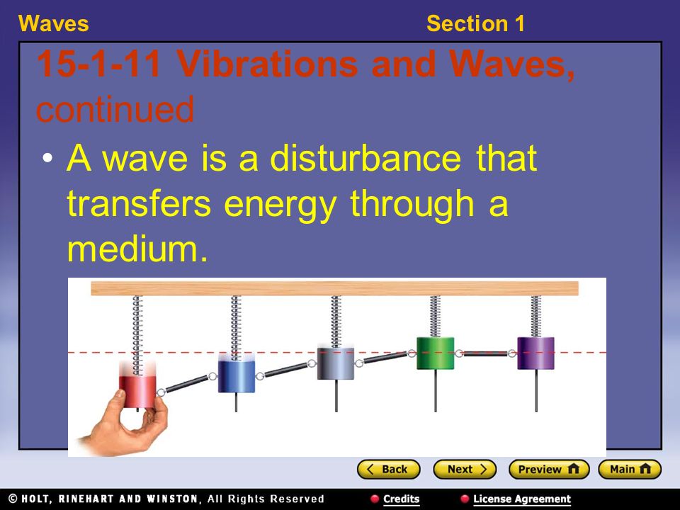 WavesSection Vibrations and Waves, continued A wave is a disturbance that transfers energy through a medium.