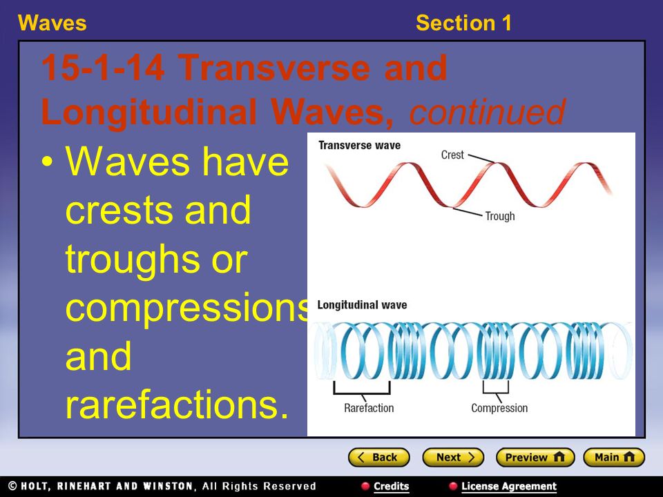 WavesSection Transverse and Longitudinal Waves, continued Waves have crests and troughs or compressions and rarefactions.
