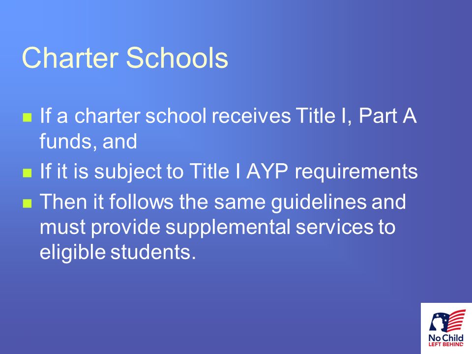 13 # Charter Schools If a charter school receives Title I, Part A funds, and If it is subject to Title I AYP requirements Then it follows the same guidelines and must provide supplemental services to eligible students.