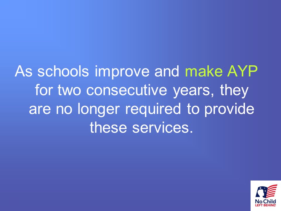 25 # As schools improve and make AYP for two consecutive years, they are no longer required to provide these services.